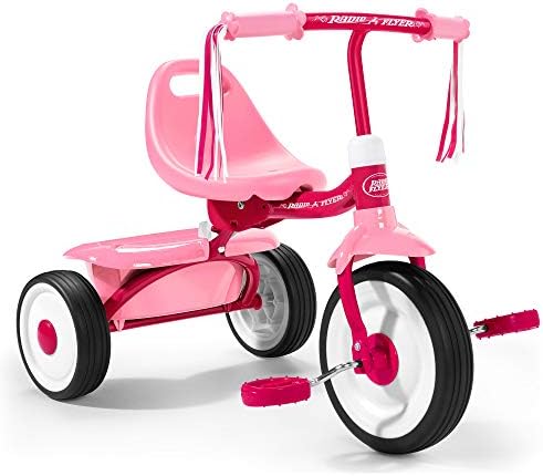 Radio Flyer 415PS Kids Readily Assembled Steel Framed Adjustable Beginner Fold 2 Go Trike with Spacious Storage Bin and Handle Streamers, Pink