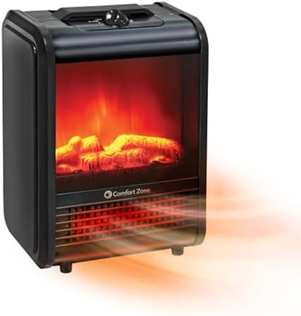 Comfort Zone Electric Mini Fireplace Space Heater with Realistic 3D Flame, Stay-Cool Body, Carry Handle, Overheat Sensor, and Safety Tip-Over Switch, Ideal for Home, Bedroom, & Office, 1,200W, CZFP1