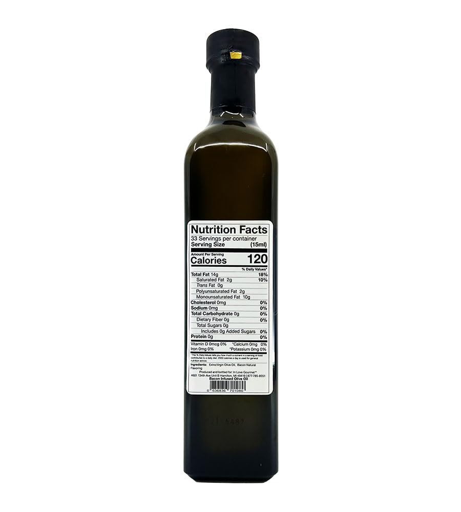 In Love Gourmet Bacon Natural Flavor Infused Olive Oil 500ml-16.9oz Best Bacon Oil Choice for Meats, Veggies, Popcorn & Breads