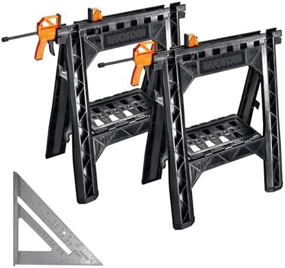WORX Portable Folding Workbench, 2-in-1 Pegasus Table & Sawhorse, WX051 | 31"×25"×32" dimension, heavy load capacity, fast setup, includes 2 clamps & 4 clamp dogs, lightweight portable design