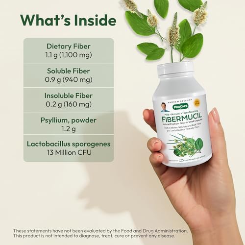 Andrew Lessman ProCaps Fibermucil Psyllium Husk Fiber 180 Capsules | Psyllium Husk Powder with Soluble & Insoluble Fiber plus Lactobacillus Sporogenes. No additives. Easy-to-swallow capsules.