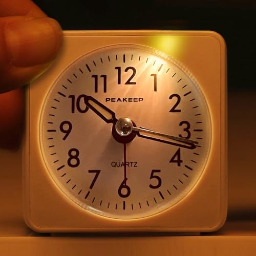 Peakeep Ultra Small, Battery Travel Alarm Clock with Snooze and Light | Silent No Ticking Analog Quartz Clock (Aquamarine)