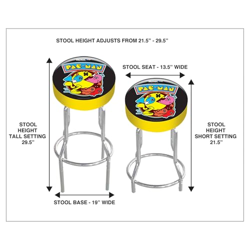 Arcade1Up Adjustable Padded Arcade Game Stool, Steel Frame, Pac-Man, 21.5" to 29.5"- with Leg Extenders, Padded Seat, and Chrome Steel Finish for Home