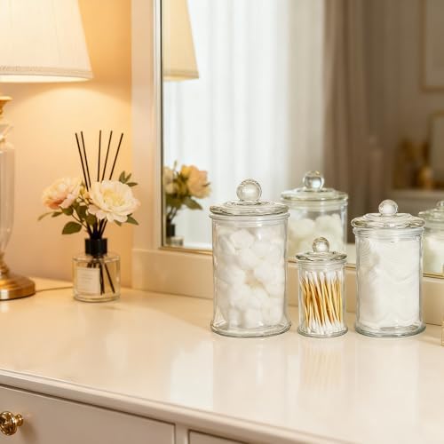 Set of 3 Glass Apothecary Jars with Lids, Bathroom Canisters Storage Container Jars, Decorative Small Glass Apothecary Jar for Cotton Swabs