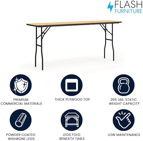 Flash Furniture 6 ft Wood Folding Clear Coat Rectangular Table, Clear | Durable Construction, Commercial Use