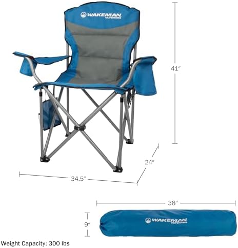 Oversized Camping Chair 300lbs - Heavy Duty Folding Chair with Cooler Pouch and Carry Bag for Camp Sites, Tailgates, or Beach by Wakeman (Blue)