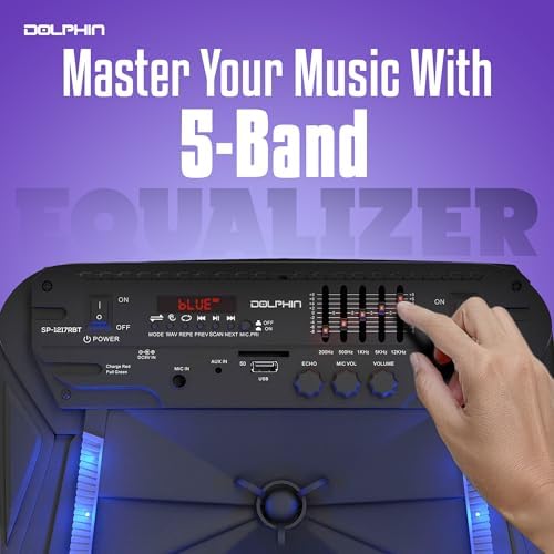 Dolphin Large Bluetooth Party Speaker with Trolley & Wheels, 12" Woofer | WaveSync Pairing, 5-Band EQ, Piezo Tweeter, USB, SD, FM & AUX Inputs