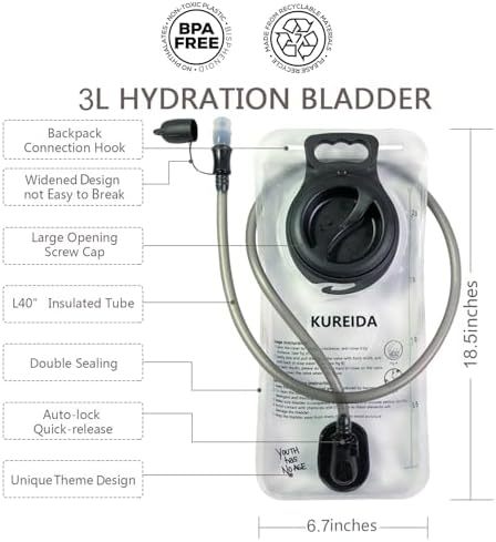 KUREIDA Hydration Bladder 2L-3L, Leak Proof Water Reservoir, BPA Free, Wide Opening