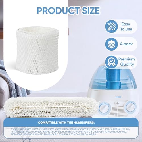 4 Pack WF2 Humidifier Wick Filter Replacement for Vicks Kaz V3500N V3700 V3100 V3900 Sunbeam 1118 1119 Series for Honeywell HCM-300T HCM-315T