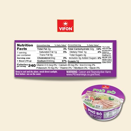 VIFON Pho Bo Vietnamese Beef Flavor Rice Noodle Bowl, 70g (Pack of 12) | Authentic Vietnamese Instant Pho | Halal Certified | Includes Seasoning & Oil Packets | Ready in 3 Minutes