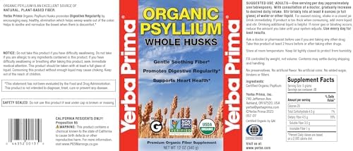 Yerba Prima Organic Psyllium Whole Husks 12 oz - Natural Dietary Fiber Supplement, Non GMO, Gluten Free, Keto and Vegan Friendly for Regularity Support, Unflavored