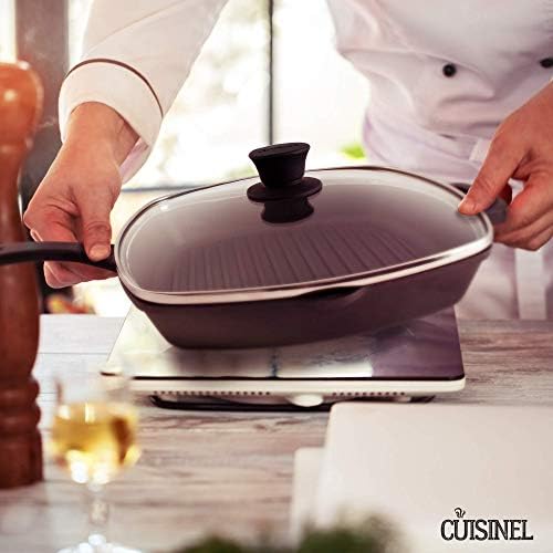 Cuisinel Cast Iron Square Grill Pan + Glass Lid + Pan Scraper + Handle Cover - 10.5" Pre-Seasoned Ridged Skillet - Grill, Stovetop, Fire