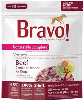Bravo! Homestyle Complete Freeze Dried Raw Dog Food, Beef, 2 Pounds | Whole Food Ingredients, Rehydrate with Water for Up To 9 Pounds of Food, Use as Meal or Food Topper, Grain Free, Gluten Free