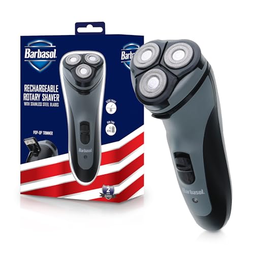 Barbasol Rotary Shaver, Rechargeable Electric Rotary Shaver with Stainless Steel Blades, Pop-Up Trimmer, Wireless Cordless Electric Razor, Close Shave