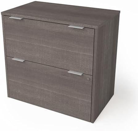 Bestar i3 Plus 31W Lateral File Cabinet in bark Grey | Ball-bearing drawer slides; Particle board construction; Contemporary style