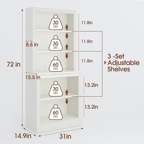 Bevfint 72" Tall Bookcase, White Large Floor Standing Bookshelf for Hallway | 5 Tier Shelves Open Storage Organizer with Anti Tipping Device, Book Case for Living Room Kitchen Home Office Bedroom