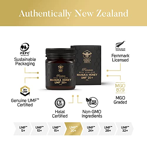 Manuka Honey New Zealand - Raw Manuka Honey UMF 20+ Certified (MGO 829+) - Natural, Non-GMO Manuka Honey from Manuka South - 250g/8.8oz