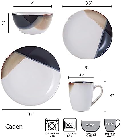 Mikasa Gourmet Basics Caden 16-Piece Stoneware Dinnerware Set, Service for 4, White Glossy Center with Black and Tan Two-Tone Reactive Glaze, Dishwasher and Microwave Safe