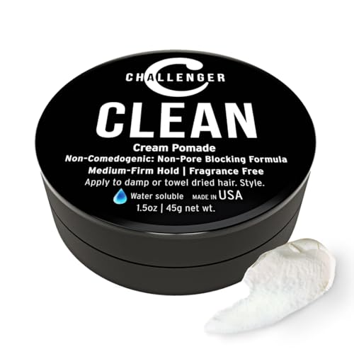 Challenger Men’s Clean Cream Pomade, 1.5 Ounce | Fragrance Free, Non-Comedogenic Hair Styling Product | Medium Firm Hold & Natural Finish | Shine Free, Unscented, Water Based & Travel Friendly