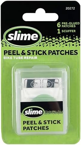 Slime 20272 Bike Skabs Pre-Glued Patch Kit, for Bike Tube Puncture Repair, Peel and Stick, Contains 6 Patches and a Metal scuffer
