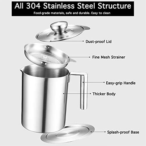 Sumerflos 1.8 L/1.9 Quart Stainless Steel Grease Strainer and Container - Large Oil Storage Pot Grease Keeper with Dust-Proof Lid & Easy Grip Handle