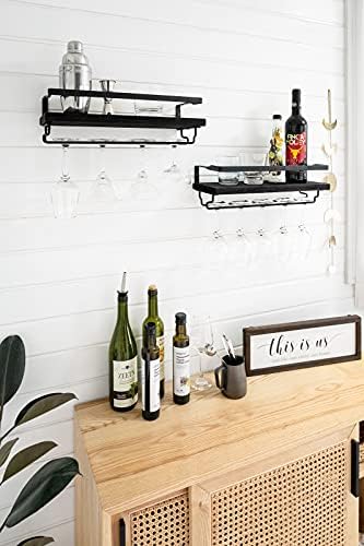 Mkono Wall Mounted Wine Rack Set of 2 Wood Rustic Wine Bottle Glass Floating Shelves with Stemware Hanger Modern Plants Photos Wine Display Storage