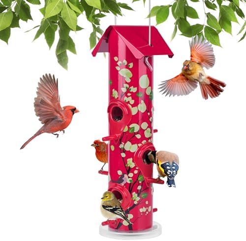 Kingsyard Metal Bird Feeders for Outdoors Hanging, Tube Bird Feeder | 14 in, 6 Feeding Ports, drainage holes, 2 lbs Seed Capacity, Weatherproof, Stays Dry & Fresh, Easy to Clean & Refill, Yellow