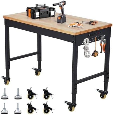 48’’x24’’ Adjustable Workbench,Workbench with Drawers,Darage Workbench with Pegboard,2000 LB Load Capacity,4 Rolling Casters, Power Outlets, Metal Frame,for Garage, Workshop, Home, Office