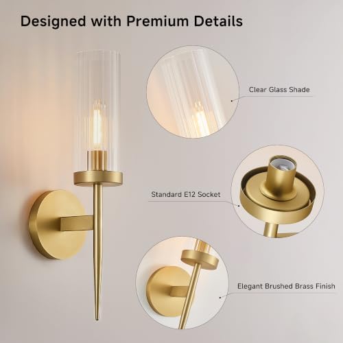 Modern Brushed Brass Wall Sconce, 1-Light Wall Lamp with Clear Glass Shade | H16.9", Mounted Light, with E12 Socket, Ideal for Bathroom Vanity Mirror
