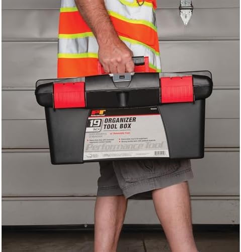 Performance Tool W54026 26 in. Steel Tool Box with Removable Tote | Heavy duty steel storage box and organizer. Recessed ergonomic comfort handle. Strong double latch with padlock eyehole