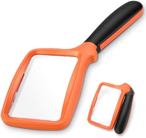 Folding Handheld Magnifying Glass with Light, 5X Large Rectangle Reading Magnifier with Dimmable LED for Seniors with Macular Degeneration, Newspaper