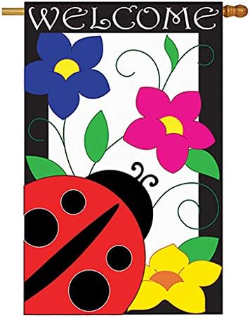 Two Group - Spring Ladybug Garden Friends - Everyday Bugs & Frogs Applique Decorative Vertical House Flag 28" x 44"