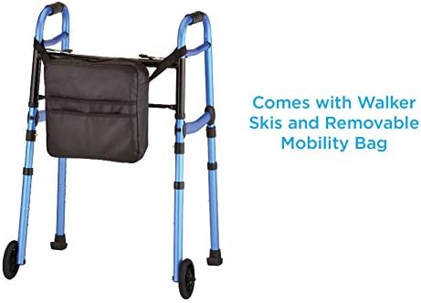 NOVA Medical Products Folding Walker with 5” Front Wheels, Glide Skis and Mobility Bag, Portable and Great for Travel, Blue