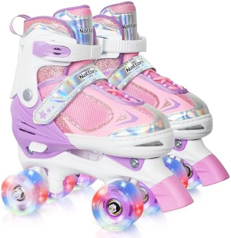 Nattork Kids Roller Skates for Boys Girls Kids, 4 Sizes Adjustable Quad Skates with All Light up Wheels - Birthday Gift for Indoor Outdoor Sports