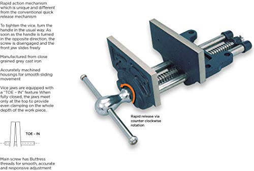 Groz 6-Inch Portable Woodworking Vise, Dual Mount Bench Clamp or Bolt-Down, Cast Iron with Toe-In Jaws and Chrome-Plated Screw, for Woodworkers and DIY (39006)