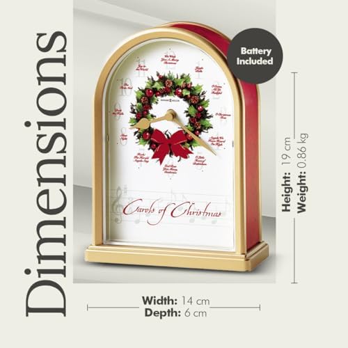 Howard Miller Carols of Christmas II Tabletop Clock – Satin Brass Finish, 12 Classic Carols, Hourly Chime, Battery Operated, Festive Wreath Design