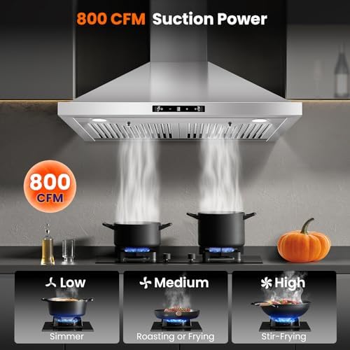 Tieasy Wall Mount Range Hood 30 inch Kitchen Hood 700 CFM with Ducted/Ductless Convertible Duct, Touch Control, Permanent Filters, Stainless Steel