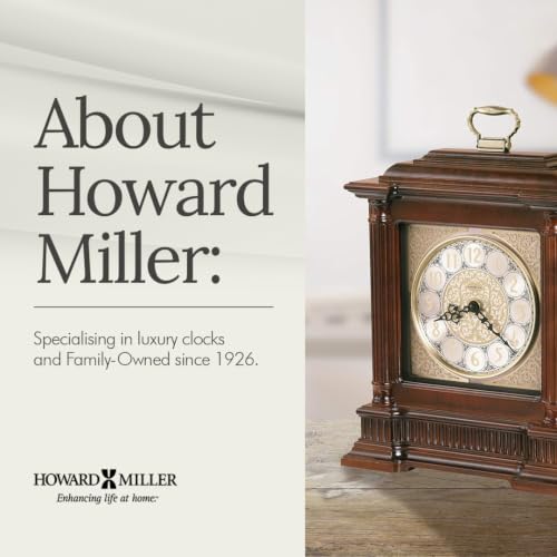 Howard Miller Akron II Mantel Clock – Windsor Finish, Dual-Chime Kieninger Movement, Arabic Numerals, Brushed Nickel Dial, Wooden Base