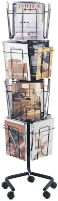 Safco Rotating Wire Magazine Holder, Metal Display Rack with 16 Pockets, 4 Tier Rolling Organizer, Powder Coat Finish, 5 Casters, Charcoal