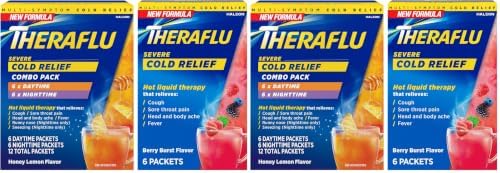 Theraflu Day and Night Pack, Severe Cold Relief, 18 Packets | Cold, Cough, and Flu Relief Powder for Use in Hot Liquids, Dual Formulas for Day and Night, Multiple Tea Flavors