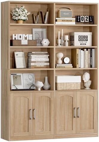Bookshelf and Bookcase with Doors, Double Wide Large Bookshelves | Industrial Open Display Shelves 6 Tier, 73'' Tall Bookshelf with Storage Cabinets for Office,Home, Living Room, Library,White