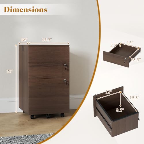 Mobile File Cabinet with 3 Drawers, Wooden Rolling Filing Cabinet with Lock, Under Desk File Organizer for A4/Letter/Legal Size, for Home Office, Study (White)