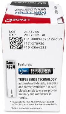 LEADER True Metrix Blood Glucose Test Strips for Diabetes, Tiny Blood Sample, Self-Monitoring, Triple Sense Technology, for Adults and Kids 12+