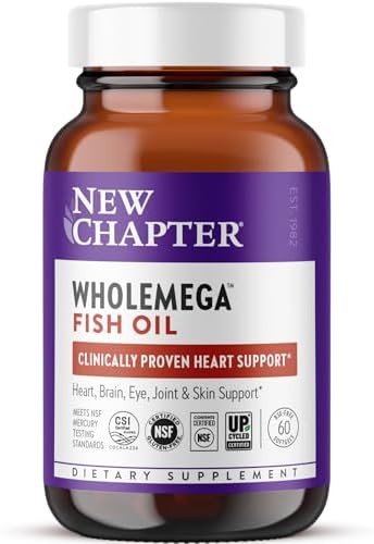 New Chapter Wholemega Fish Oil Supplement - 2000mg per Serving, Clinically Proven Wild Alaskan Salmon Oil with Omega-3 + Vitamin D3 + Astaxanthin, 120 Softgels