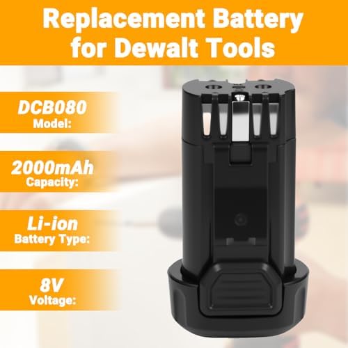 Joiry 8V 2000mAh Li-ion Replacement Battery with Higher Safety & Longer Runtime - Compatible with Dewalt DCB080, DW4390, DCF680N1, DCF680N2 DCF680G2 Cordless Power Tools (1-Pack)