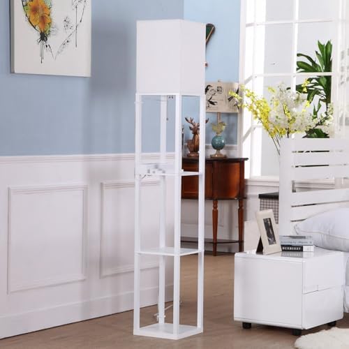 Brightech Maxwell Charger - Modern Shelf Floor Lamp with USB Charging Ports & Electric Outlet - Corner Display Floor Lamps with Shelves for Living