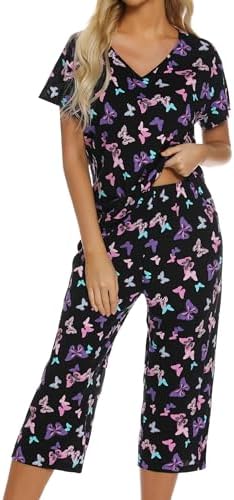 ENJOYNIGHT Womens Pajama Set Cotton Summer Pj Top with Capri Pant Sleepwear