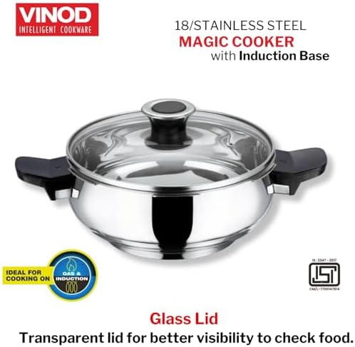Vinod Magic Stainless Steel Smart 3 in 1 Pressure Cooker 5.5 Litre | 5mm Thick Base | All in One Cooker with Strainer & Glass Lid | Induction and