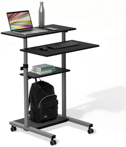Mount-It! Black Rolling Standing Desk, Adjustable Height up to 54.7", Portable Laptop Podium Desk on Wheels, Mobile Computer Workstation with 4 Shelves 27.5" Wide, Cart for Home Office or Classroom