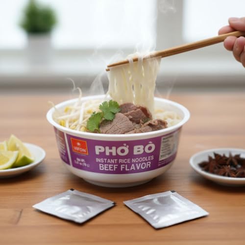 VIFON Pho Bo Vietnamese Beef Flavor Rice Noodle Bowl, 70g (Pack of 12) | Authentic Vietnamese Instant Pho | Halal Certified | Includes Seasoning & Oil Packets | Ready in 3 Minutes